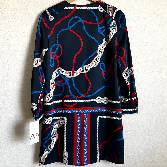 ZARA Nautical Chain Knot Print Dress Navy Double Breasted Mini XS NWT - Picture 8 of 11